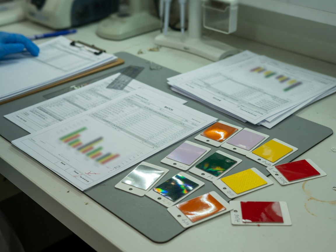 Batch quality paperwork with reflective color sample chips