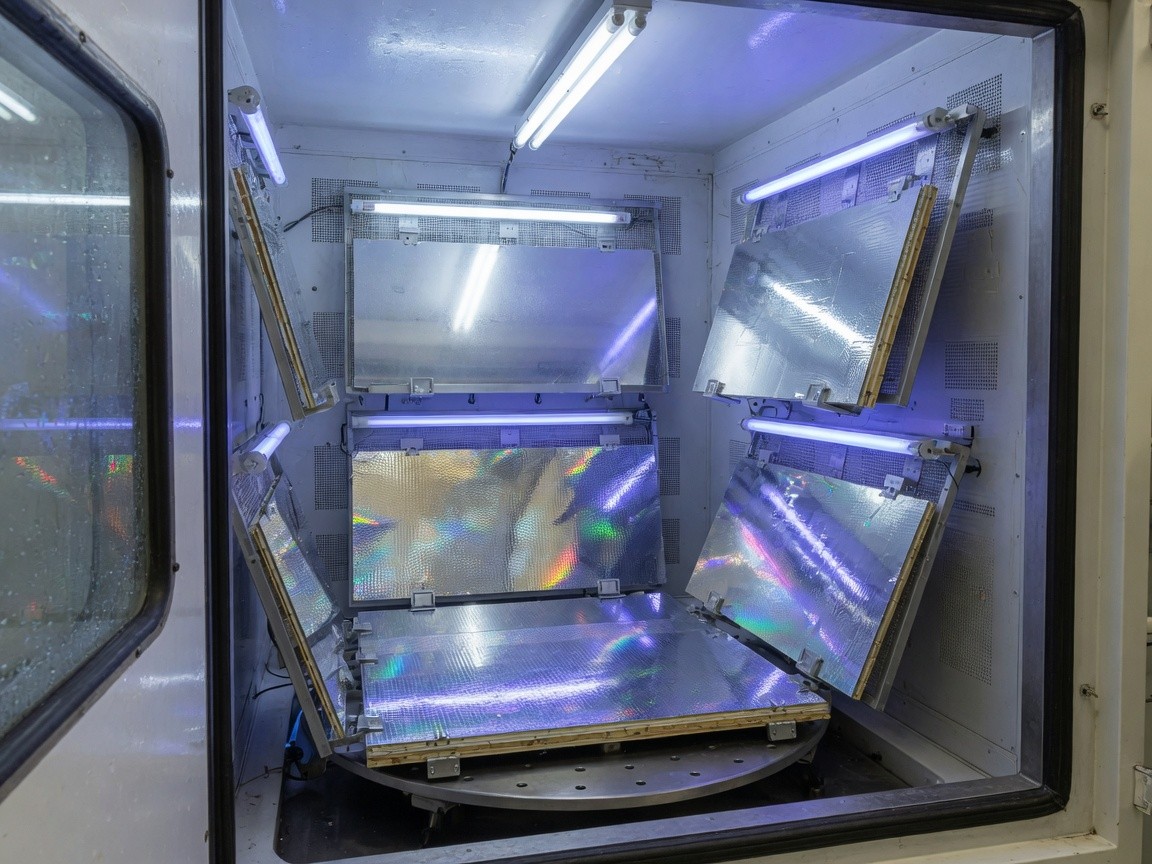 Accelerated weathering chamber with sheeting sample panels